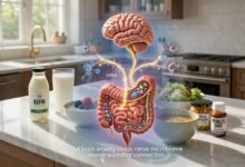 Gut-Brain Anxiety Connection: The Ultimate 2026 Guide To Healing Your Microbiome 29 Detailed 3d medical illustration visualizing the physical gut-brain anxiety connection via the vagus nerve. The luminous electric blue nerve pathway shows 90% upward directional arrows, demonstrating dominant afferent signaling from the gut microbiome to the brainstem to regulate emotion and stress in 2026.