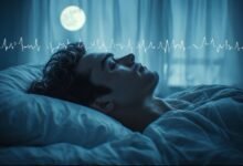 Sleep Optimization: The Powerful Link To Better Mental Health. (2026 Guide) 26 Person sleeping peacefully in dark, cool bedroom with soft moonlight filtering through curtains — serene, scientific mood with faint brain wave overlay suggesting deep sleep stages, editorial health photography