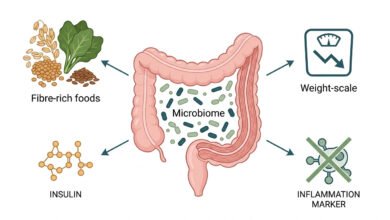 Fibermaxxing &Amp; Metabolic Health: The Gut-Weight Connection (2026 Guide) 1 Scientific infographic illustrating the fibermaxxing & metabolic health connection, showing a stylised colon cross-section surrounded by four outward-pointing clusters representing gut microbiome diversity, weight reduction, insulin sensitivity, and reduced inflammation. Clean white background with no people or photography.
