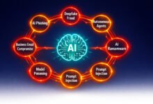 Ai-Powered Cyberattacks 2026: 7 Proven Threats Every Business Must Know 28 Ai-powered cyberattacks 2026 infographic — seven glowing threat nodes (ai phishing, deepfake fraud, autonomous agents, ai ransomware, prompt injection, model poisoning, business email compromise) arranged around a central ai brain icon on a navy background.
