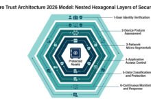 Zero Trust Architecture 2026: The Essential Implementation Guide For It Teams 45 Zero trust architecture 2026 implementation model — six concentric hexagonal layers from user identity verification to continuous monitoring, surrounding a protected assets vault at the core. Clean white background, flat design, progressive teal shading.