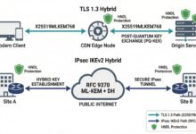 Post-Quantum Cryptography For Tls And Vpn: The Practical Deployment Guide For Network Security Teams In 2026 52 Post-quantum cryptography tls vpn hybrid deployment — x25519mlkem768 tls path and rfc 9370 ipsec ikev2 path shown with hndl protection indicators.