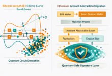 Pqc For Blockchain 2026: How Bitcoin And Ethereum Are Preparing For Quantum Threats 50 Pqc for blockchain 2026 — split infographic showing the secp256k1 quantum vulnerability in bitcoin alongside ethereum's account abstraction migration path to post-quantum signatures.