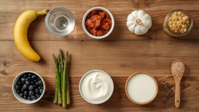 Probiotic And Prebiotic Food Pairings: Complete Meal Plan (2026) 11 Alt text: a luxury flat lay of probiotic and prebiotic food pairings including kefir, asparagus, and kimchi on a wooden surface, 4k clinical aesthetic.