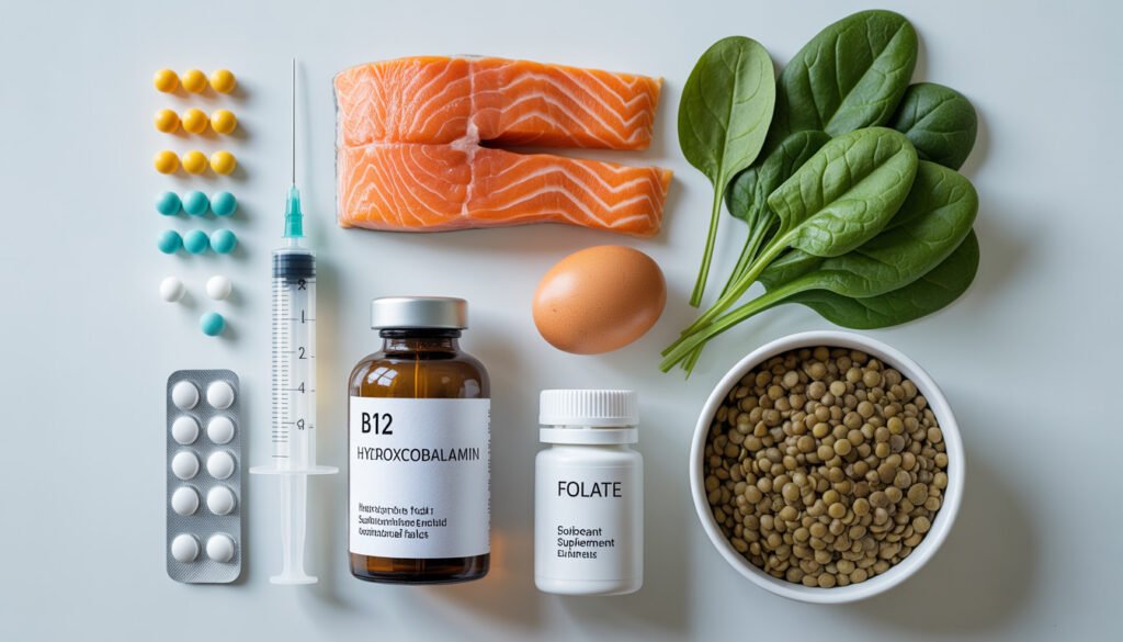 Vitamin Deficiency Anemia: What You Need To Know About B12, Folate, And Healthy Blood (2026 Guide) 4 Professional organized flat lay of vitamin deficiency anemia treatment options on a clean white surface, including b12 sublingual tablets, hydroxocobalamin injection vial with syringe, folate supplement bottle, and nutrient-dense food sources (salmon, eggs, spinach, lentils) in a 4k clinical photography style.