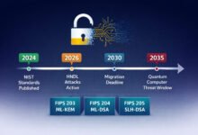Post-Quantum Cryptography (Pqc) 2026: Why Your Encryption Strategy Must Change Now 30 (pqc) post-quantum cryptography 2026 timeline infographic — four milestone nodes from nist standards publication in 2024 through hndl attacks active in 2026 to quantum computer threat window in 2035, with the three nist algorithm standards fips 203 204 205 shown below. Navy-to-white gradient