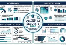 Year Of Quantum Security 2026: The Complete Action Plan For Cisos 56 Year of quantum security 2026 ciso program dashboard — four-quadrant infographic showing governance, inventory and risk, migration execution, and board reporting components of a complete quantum security action plan.